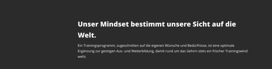 Ein Trainingsprogramm, zugeschnitten auf die eigenen Wünsche und Bedürfnisse, ist eine optimale Ergänzung zur geistigen Aus- und Weiterbildung, damit rund um das Gehirn stets ein frischer Trainingswind weht.  Unser Mindset bestimmt unsere Sicht auf die Welt.